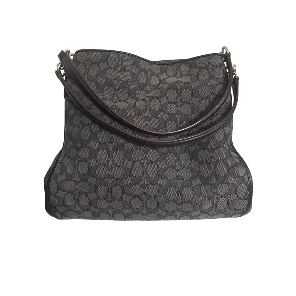 Coach Signature Jacquard Hobo Shoulder Bag Charcoal Grey Black Monogram Canvas